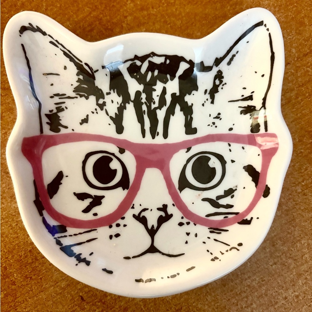 Small trinket dish. Cat with glasses.